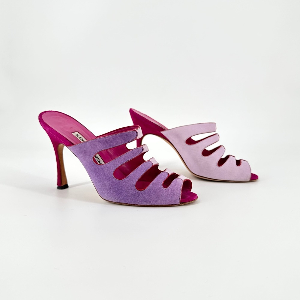 Manolo Blahnik Purple Pink Suede Tri-Tone Cutout Mules Stiletto Heels 37.5